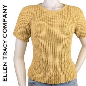 Ellen Tracy Company Sweater  Medium Petite Gold Shimmer Short Sleeve Chunky
